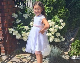 Dress for girl, Lace Flower Girl Dress,White Lace Flower girl Dress, Rustic Boho Lace Tulle flower girl dress, Communion dress