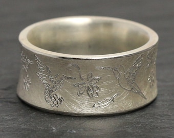 Breiter Ring, 925 Silber, konkav mit Kolibri Vögel
