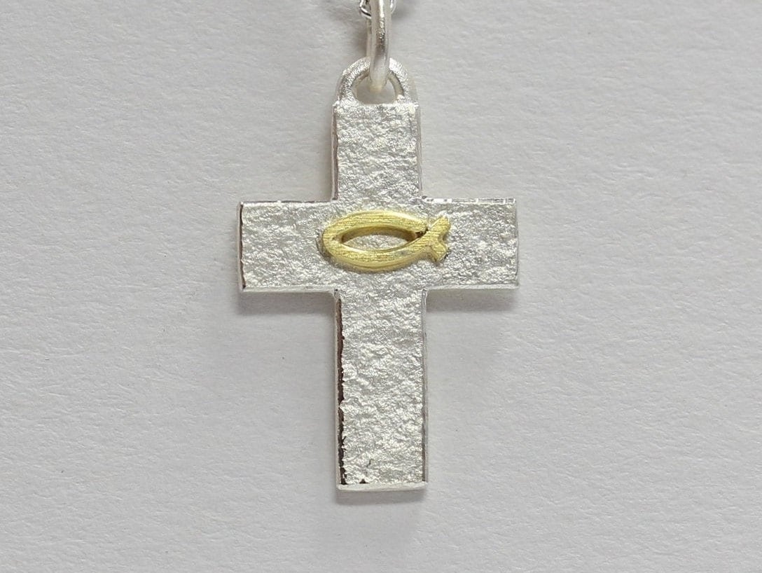 Kreuz, 925 Silber mit Ichty, Fisch aus Gold, Anhänger -  Österreich