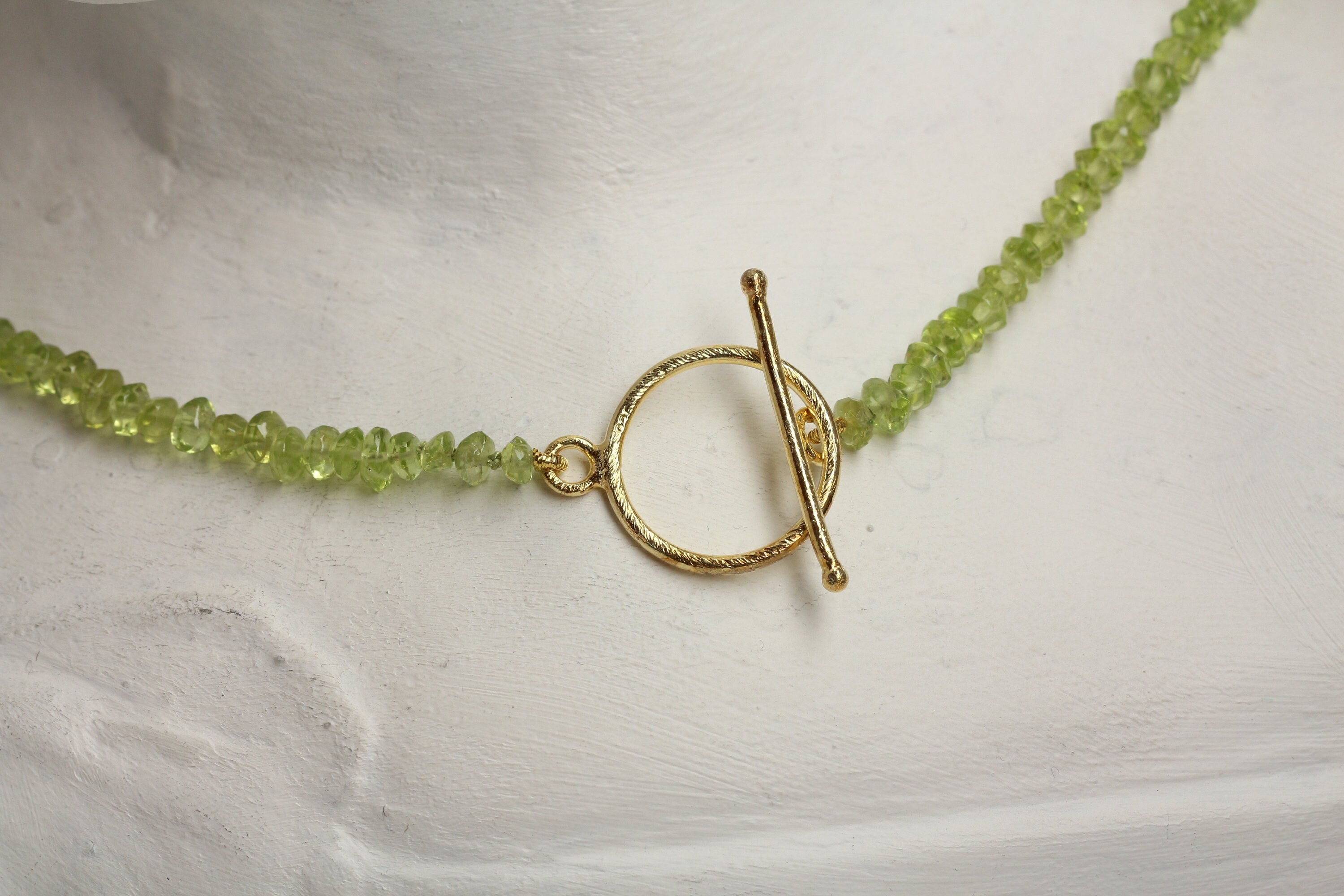 Peridot necklace, gold plated toggle clasp, gemstone necklace