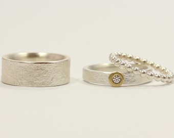 Eheringe, Diamant 0,06ct, 925 Silber und 750 Gold, mit Struktur, Diamant im Damenring, Diamantring, Trauringe + Beisteckring