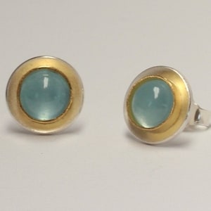 Stud earrings with aquamarine, blue in 925 silver and 900 gold