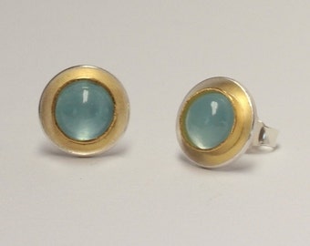 Stud earrings with aquamarine, blue in 925 silver and 900 gold