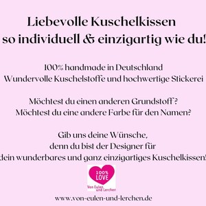 May include: A light pink background with black text that reads "Liebevolle Kuschelkissen so individuell & einzigartig wie du!" and other text. A pink heart with "100% LOVE" is in the bottom center.