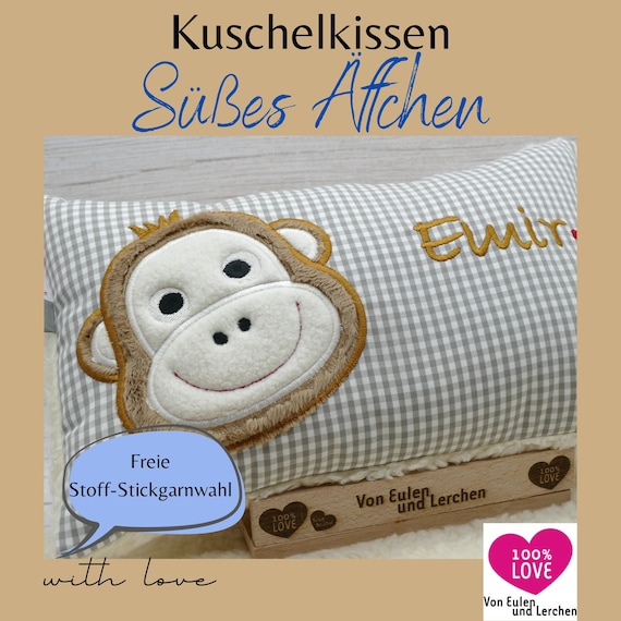 Personalisiertes Affen Kissen mit Namen  Hochwertige Stickerei/Stoffe | Äffchen zur Geburt & Taufe | Safari Reisekissen Kindergarten