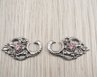 2er Set Miederhaken Strass Dirndlhaken Schwanenhals offen altsilber Farbwahl rosa flieder pink