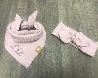 Set Musselin Haarband und Knotentuch mit Name  Mädchen "altrosa", Babyhalstuch, Musselintuch Baby