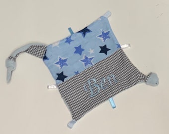 Schmusetuch Baby mit Wunschname "Sterne blau grau" Kuscheltuch, Geschenk zur Geburt, Schmusetuch Junge blau, Schnuffeltuch