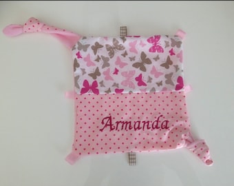 Couverture câline bébé avec nom souhaité « Papillon rose », cadeau de naissance, couverture câline fille rose