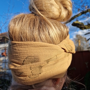 Muslin, hairband to tie yourself, caramel, ginkgo leaf, cotton, muslin ribbon