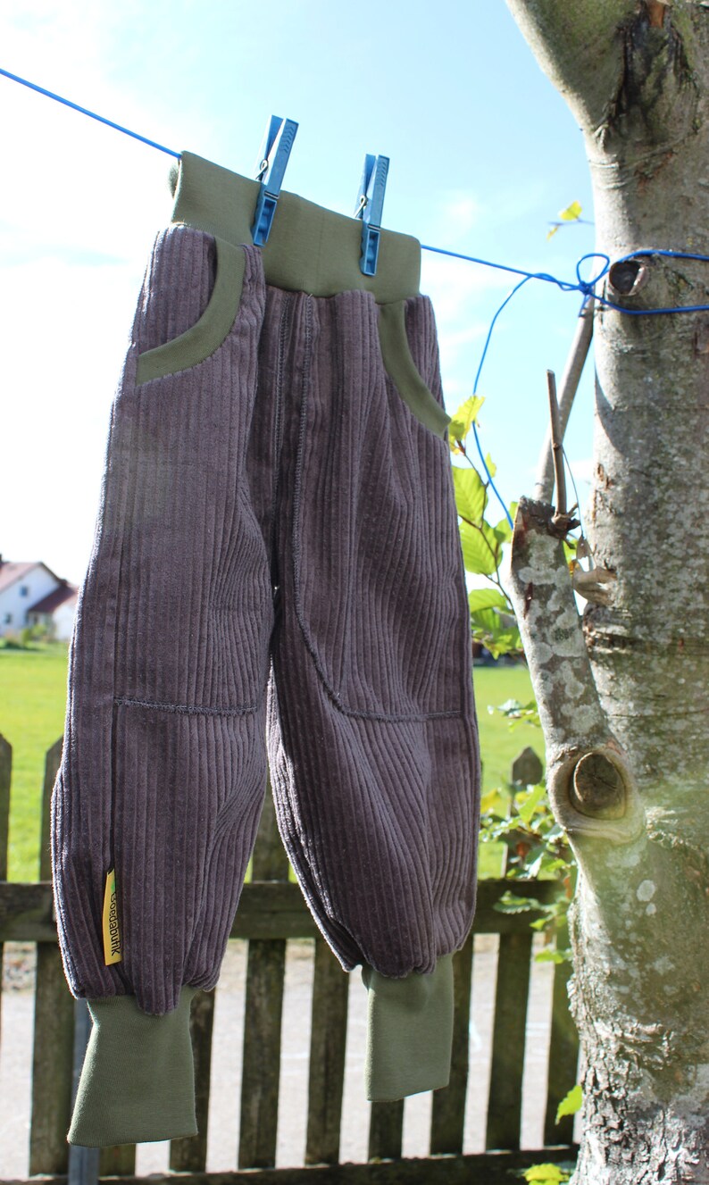 May include: A pair of brown corduroy trousers with green fabric at the waistband and cuffs. The trousers are hanging on a washing line with blue clothes pegs. The text "wasserb&auml;ren" is visible on the trousers.