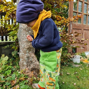 Op de afbeelding: Een jong kind draagt ​​een blauwe muts, een gele sjaal en een groene corduroy broek met een vos-print. Het kind staat in een grasachtig gebied bij een boom.
