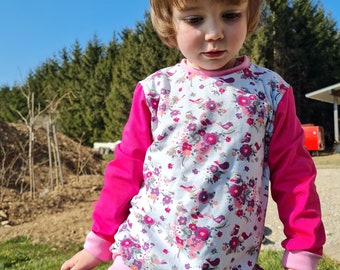 Sweater, children's sweater, longshirt, flowers, birds, pink, grey