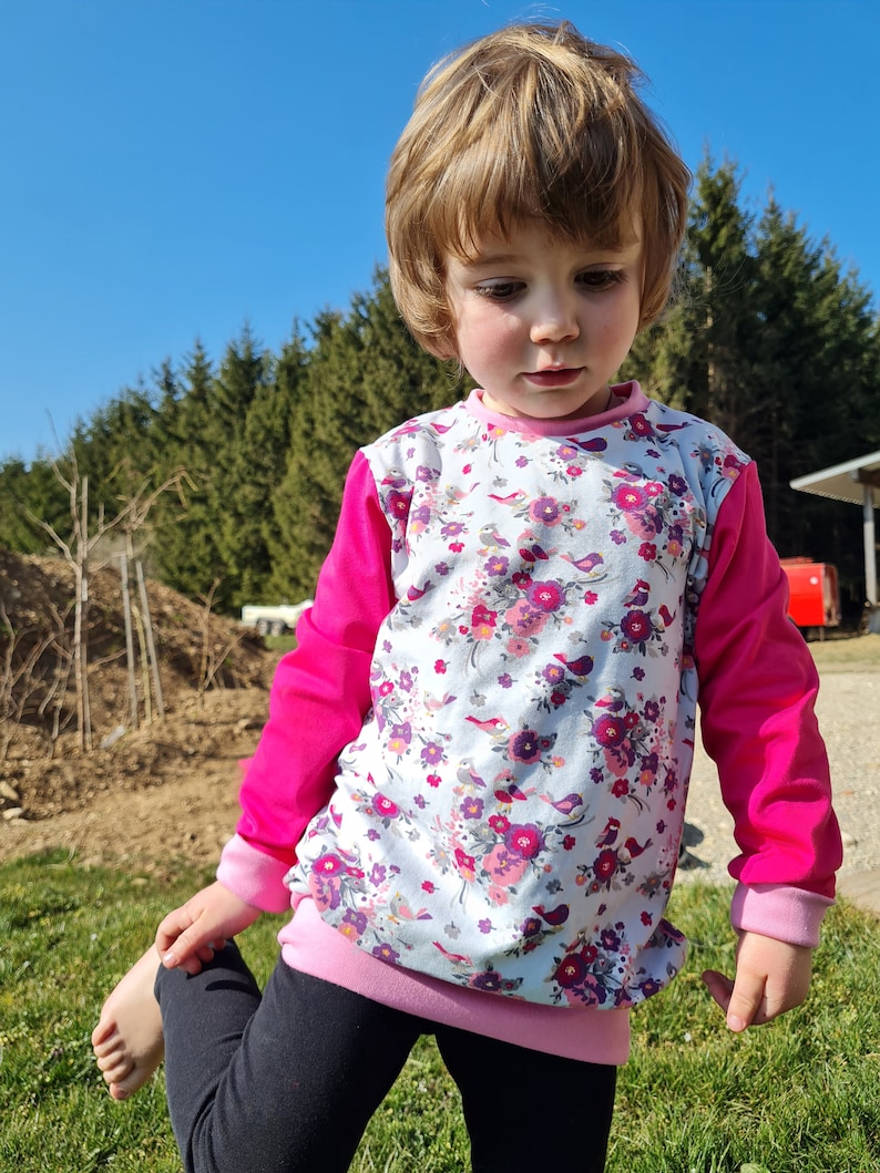 Sweater, children's sweater, longshirt, flowers, birds, pink, grey image 1