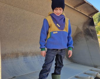 Walkhoodie, outdoor pullover, wool fleece hoodie, blue, yellow, green