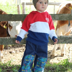 Op de afbeelding: Een kind draagt een rood, wit en blauw colorblock hoodie, een spijkerbroek met dinosaurus knielappen en een gebreide muts. Het kind staat in een grasveld in de buurt van een houten hek met koeien op de achtergrond.