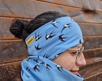 Mama headband and loop, blue, swallows