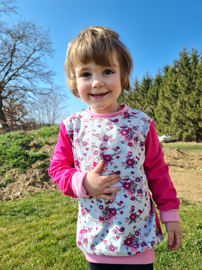 Sweater, children's sweater, longshirt, flowers, birds, pink, grey image 5