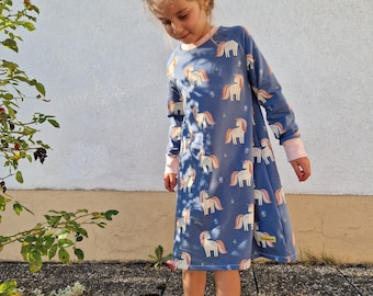 Vestido de jersey, vestido de unicornio, vestido raglán, unicornio, purpurina