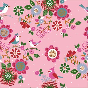 May include: A pink floral pattern with stylized birds and flowers. The background is a light pink with white dots. The birds are pink, blue, and green. The flowers are pink, red, green, and blue.