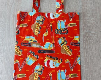 Kindergarten bag, children's bag, daycare bag, fabric bag, cotton bag, small bag, cotton, excavator, construction site, construction vehicles, red