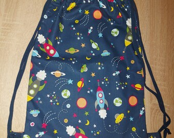 Turnbeutel, Sportbeutel, Baumwolltasche, Kindertasche, Rucksack, Jungen, Weltall, Rakete, Planeten, dunkelblau, Baumwolle, ca. 32 x 40 cm