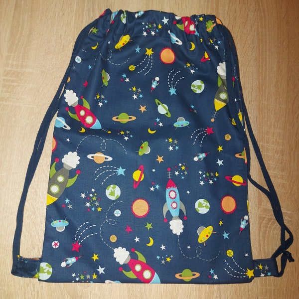 Turnbeutel, Sportbeutel, Baumwolltasche, Kindertasche, Rucksack, Jungen, Weltall, Rakete, Planeten, dunkelblau, Baumwolle, ca. 32 x 40 cm