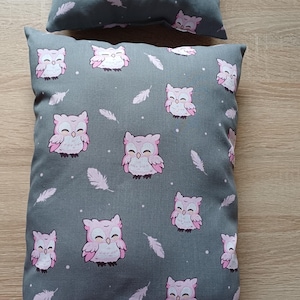 Kissenset, 2 Kissen für Puppenwagen, Puppenbett, Lauflernwagen u.ä., für Puppen bis 45 cm, Baumwolle, grau, rosa, Eule, schlafend, Geschenk