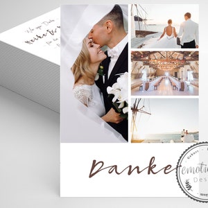 Könnte beinhalten: Eine Dankeskarte zur Hochzeit mit einer Collage von Fotos des Brautpaares. Die Fotos zeigen das Paar beim Küssen, beim Gang zum Altar und beim Stehen am Strand. Die Karte hat einen braunen Textüberlagerung, der "Danke" sagt, und einen braunen Stempel mit dem Text "Geburt - Hochzeit - emotionen Design - www.emotionendesign.de".