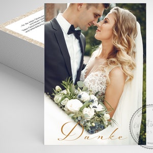 Dankeskarte Hochzeit, Personalisierte Danksagung mit Foto, Hochzeitsdanksagung, Danksagungskarte mit Foto, A6, Goldener Rahmen, Papeterie