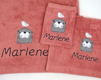 Handtuch und/oder Waschlappen Waschhandschuh mit Namen und Otter Ole Wunschgröße Wunschfarbe