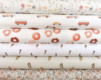 Family Fabrics Jerseys Wild Flowers, Vintage Cars, Donuts, little Ice Cream, Flip Flop, Summer Breeze fabric package summer 2022 flowers