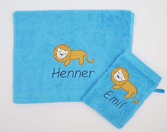 Towel and/or washcloth with name and lion desired color desired size