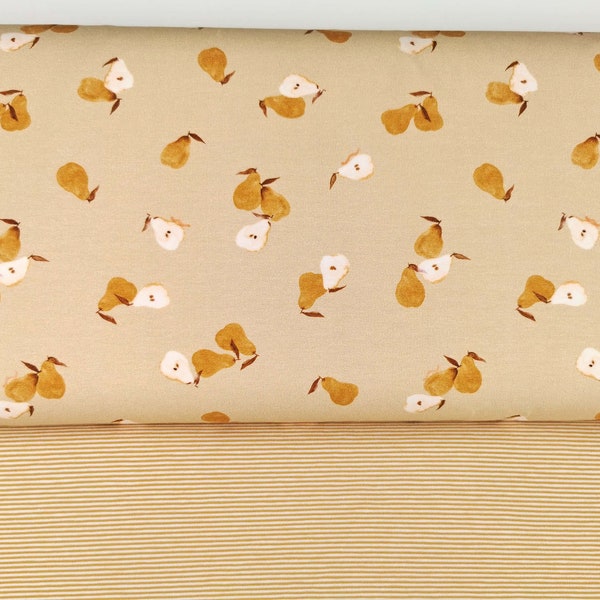 Pears Small Yellow Jersey Family Fabrics und/oder passender Streifenjersey senfgelb weiß Stoffpaket Kinder Baby Herbst Birnen