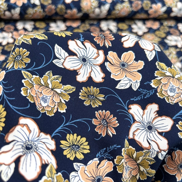 Viscose woven fabric Rosella Stretch Flowers dark blue flowers