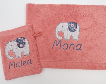 Washcloth and/or towel with name and elephant desired color desired size