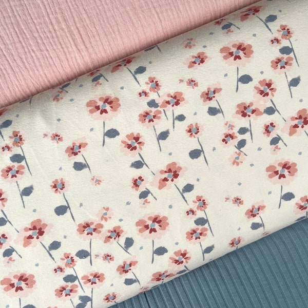 Marigold flower jersey and/or wide rib jersey blue and/or muslin rose fabric package Family Fabrics