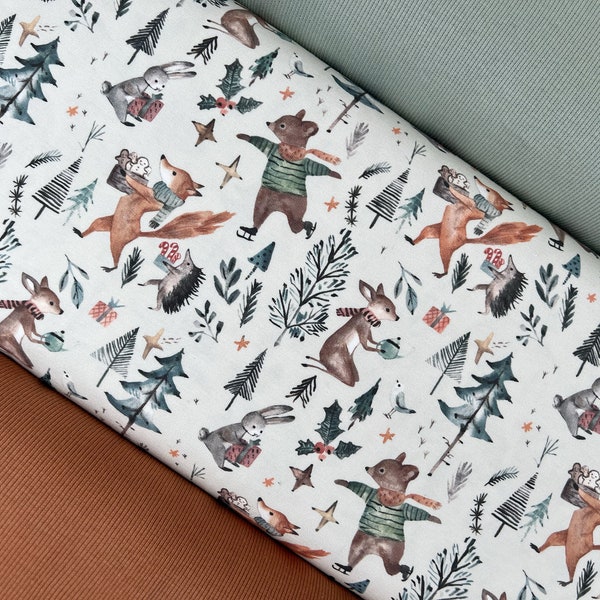 My Christmas Forest Beige Jersey und/oder French Terry und/oder Rib grün und/oder Rib Rost Stoffpaket Family Fabrics