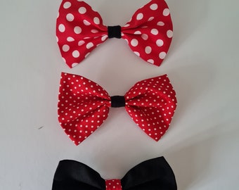 Fabric bow for clown hat with pin, red-white-black