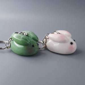 May include: Two bunny-shaped keychains. One is a glossy green, the other is white with pink accents on the ears and cheeks. Both have black eyes and silver key rings. The keychains are likely made of ceramic or a similar material.
