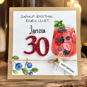 Glückwunschkarte Glückwunsch Karte runder Geburtstag, Lillet Wild Berry personalisierbar mit Zahl und Name 18 20 30 40 50 60 70 75 80 90 100