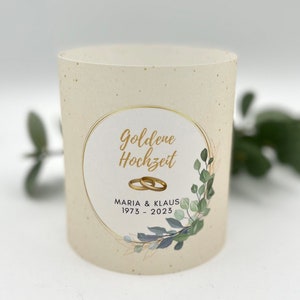 Windlicht Tischlicht Tischdeko Lichthülle Goldene Hochzeit Ringe Doppelringe Kranz Eukalyptus creme personalisiert