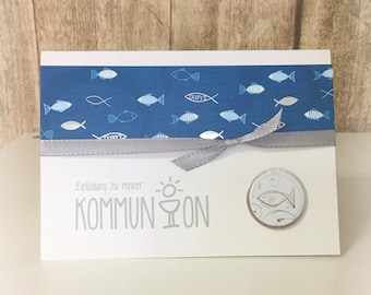 Einladung Einladungskarte Kommunion Konfirmation Firmung Fisch blau silber weiß