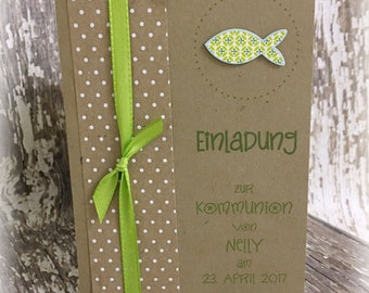 Einladung Einladungskarte Kommunion Konfirmation Firmung Taufe Kraftpapier Fisch Punkte grün