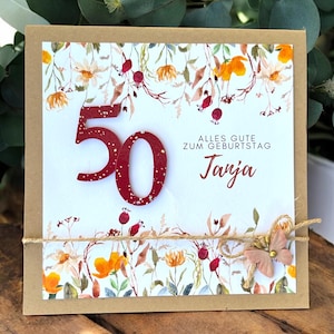 Glückwunschkarte Glückwunsch Karte runder Geburtstag, personalisierbar mit Zahl und Name 30 40 50 60 70 75 80 85 90 100 Herbstblumen
