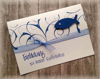 Einladung Einladungskarte Kommunion Konfirmation Firmung Taufe Fisch blau dunkelblau