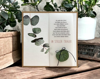 Trauerkarte Eukalyptus Blatt mit Spruch, personalisierbar