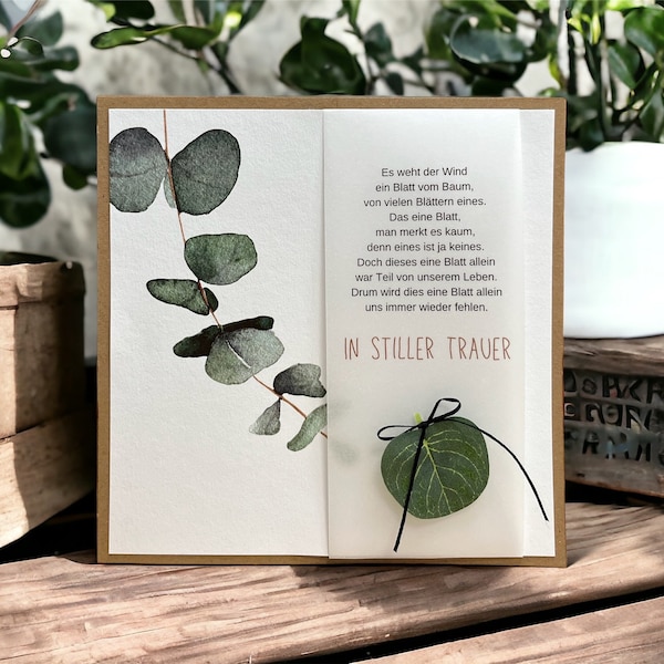 Trauerkarte Eukalyptus Blatt mit Spruch, personalisierbar