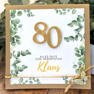 Glückwunschkarte Glückwunsch Karte runder Geburtstag, personalisierbar mit Zahl und Name 30 40 50 60 70 75 80 85 90 100 Eukalyptus