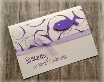 Einladung Einladungskarte Kommunion Konfirmation Firmung Taufe Fisch lila violett